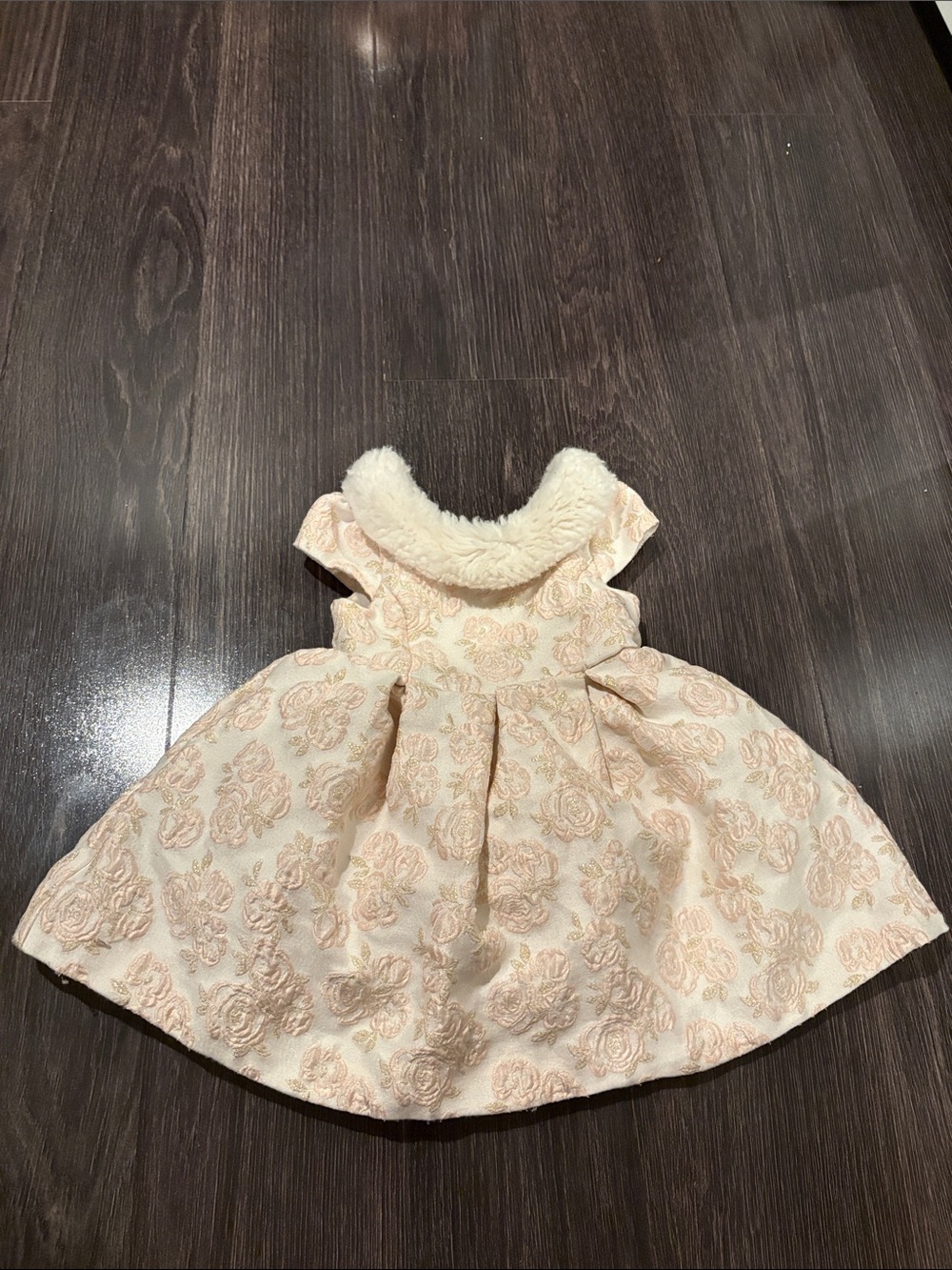 Janie and Jack Pink Cream gold Floral Jacquard fur collar formal pleated dress